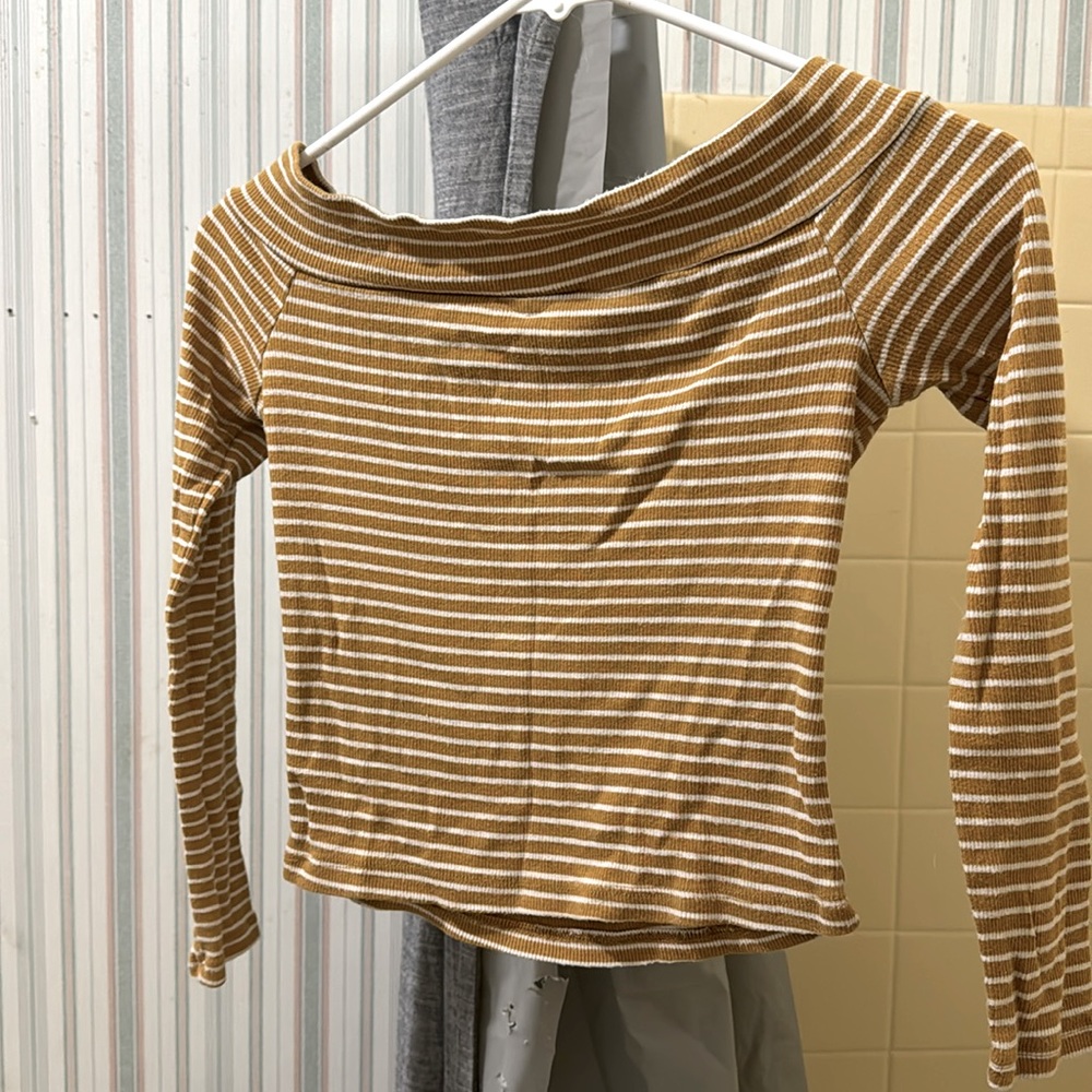Ambiance long sleeve girls shirt size 10/12 color tan white striped.